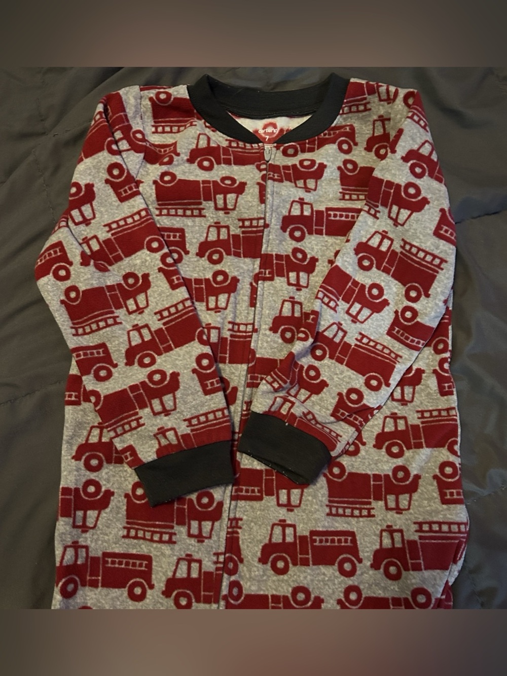 Carter's Fire Truck Fleece Footed Pajamas Boys Size 7 Red & Gray